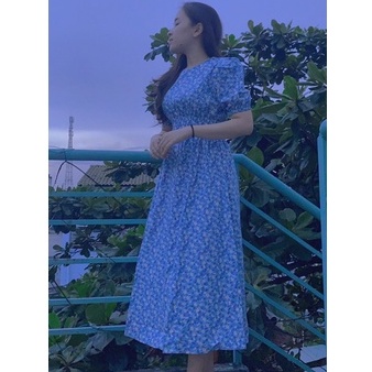 Váy hoa chun eo tay phồng, đầm hoa nhí vitage ảnh thật khách mặc