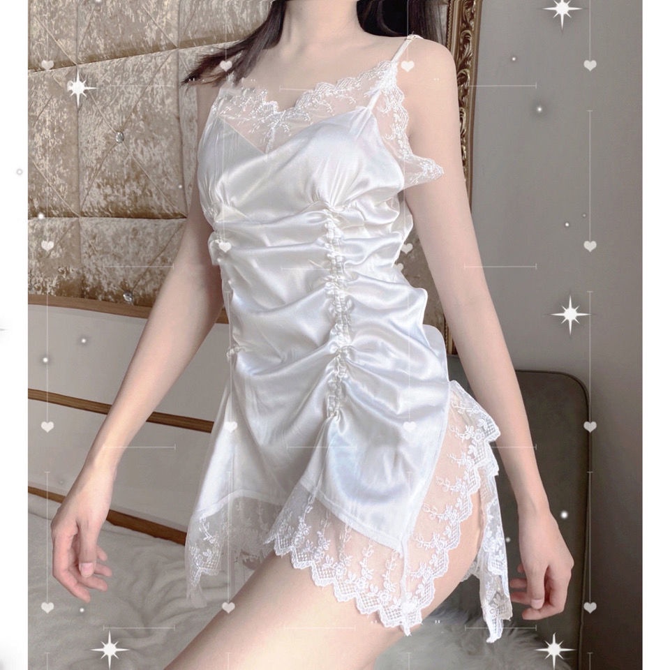 Phong Cách Mới Sexy Beauty kiss: Đầm Ngủ Hai Dây Phối Ren Màu Trắng Thuần Khiết Quyến Rũ Xẻ Tà Phong Cách Mới Cho Nam