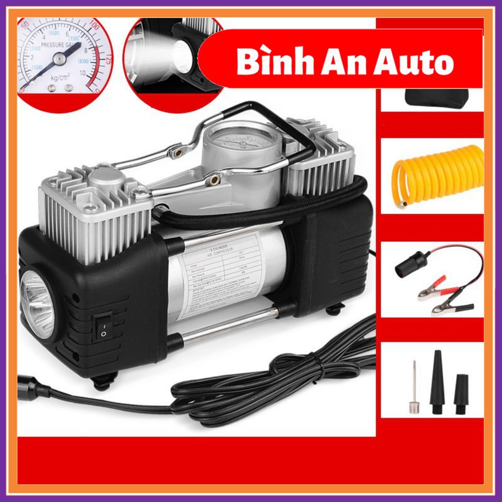 Máy bơm lốp ô tô 2 xilanh mã lực lớn - Đồng hồ điện tử tự ngắt - Bình An Auto