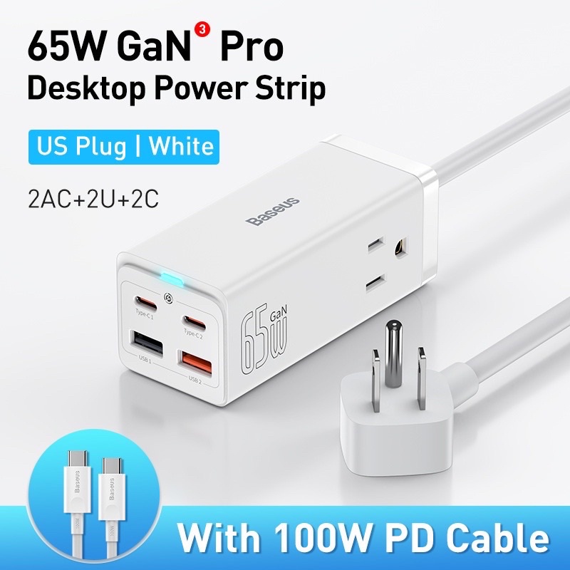 Ổ cắm điện BASEUS 65W GaN3 Pro 2AC + 2U + 2C 65W Type-C cho máy tính bàn Apple Book Pro iPhone 12 13 Pro max mini