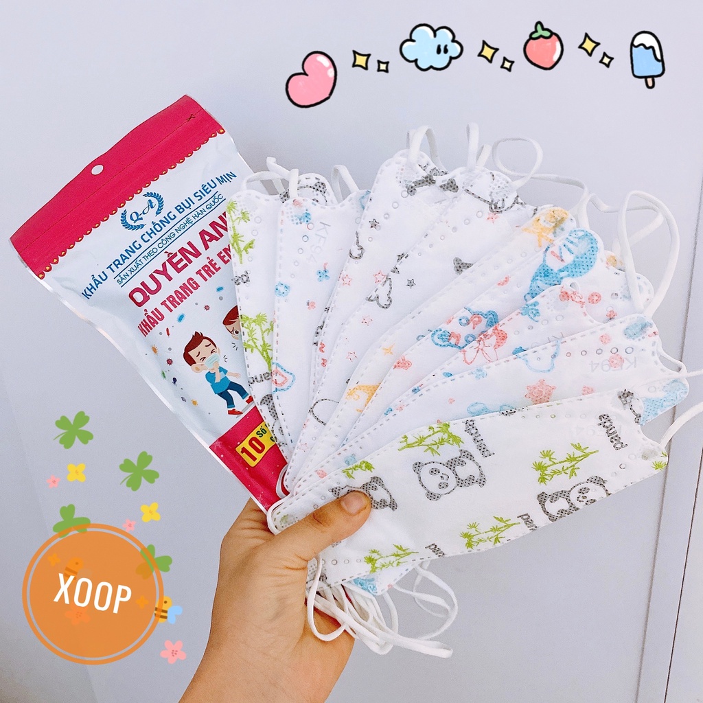 Khẩu trang kháng khuẩn cho bé, túi 10 khẩu trang 4D họa tiết đáng yêu đủ size từ 0-8 tuổi