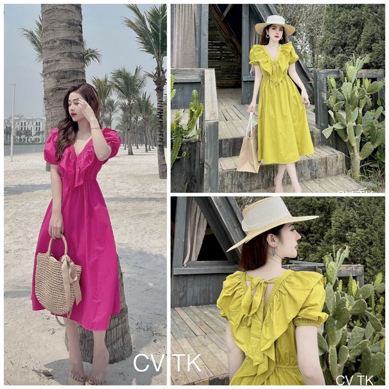 Đầm Maxi Thô Cổ V Phối Viền Bèo Dễ Thương [3 Màu Ảnh Thật]