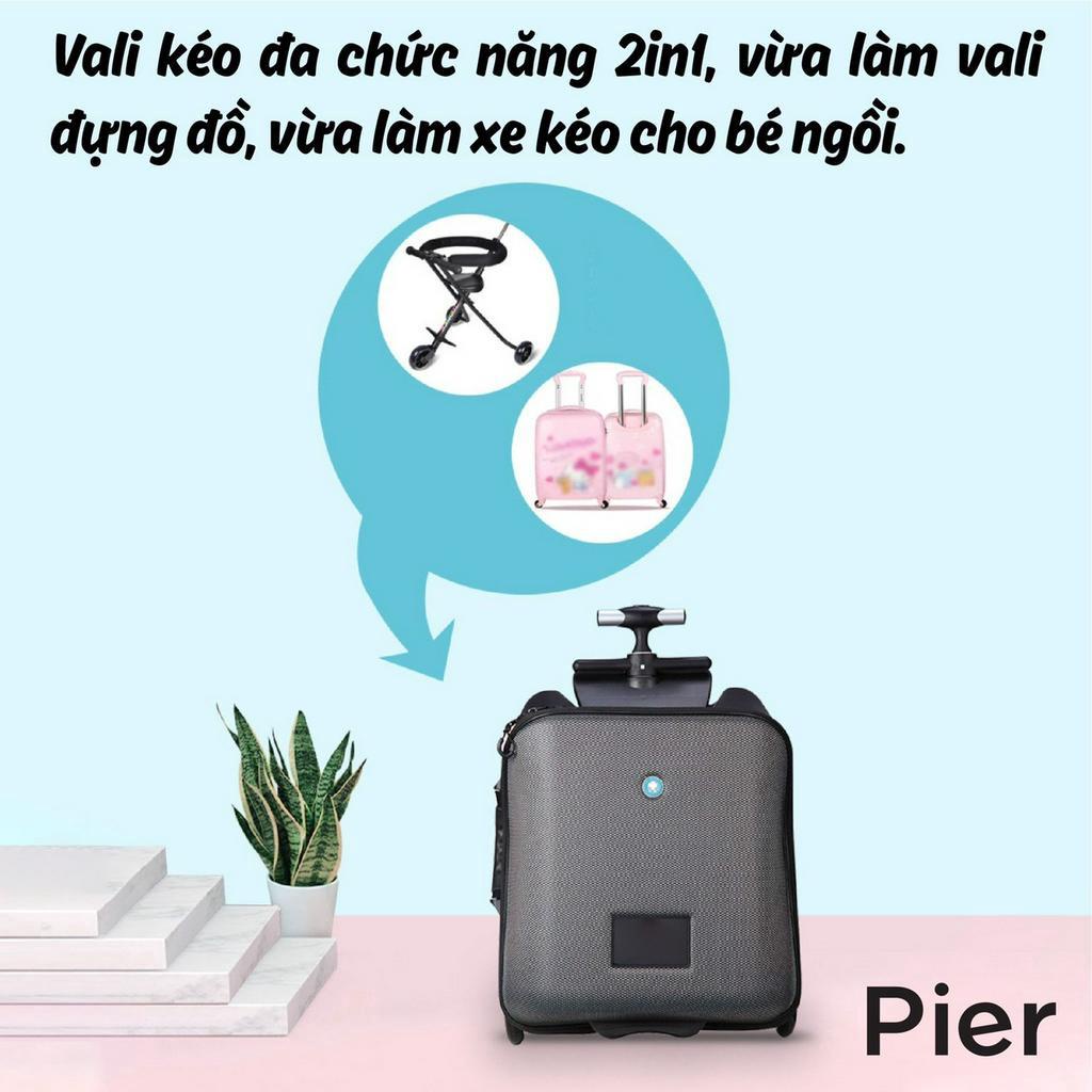 Xe đẩy kiêm vali Pier thuận tiện khi mang theo du lịch, Vali xe đẩy trẻ em hottrend 2 in 1 đựng đồ xe đẩy 2023