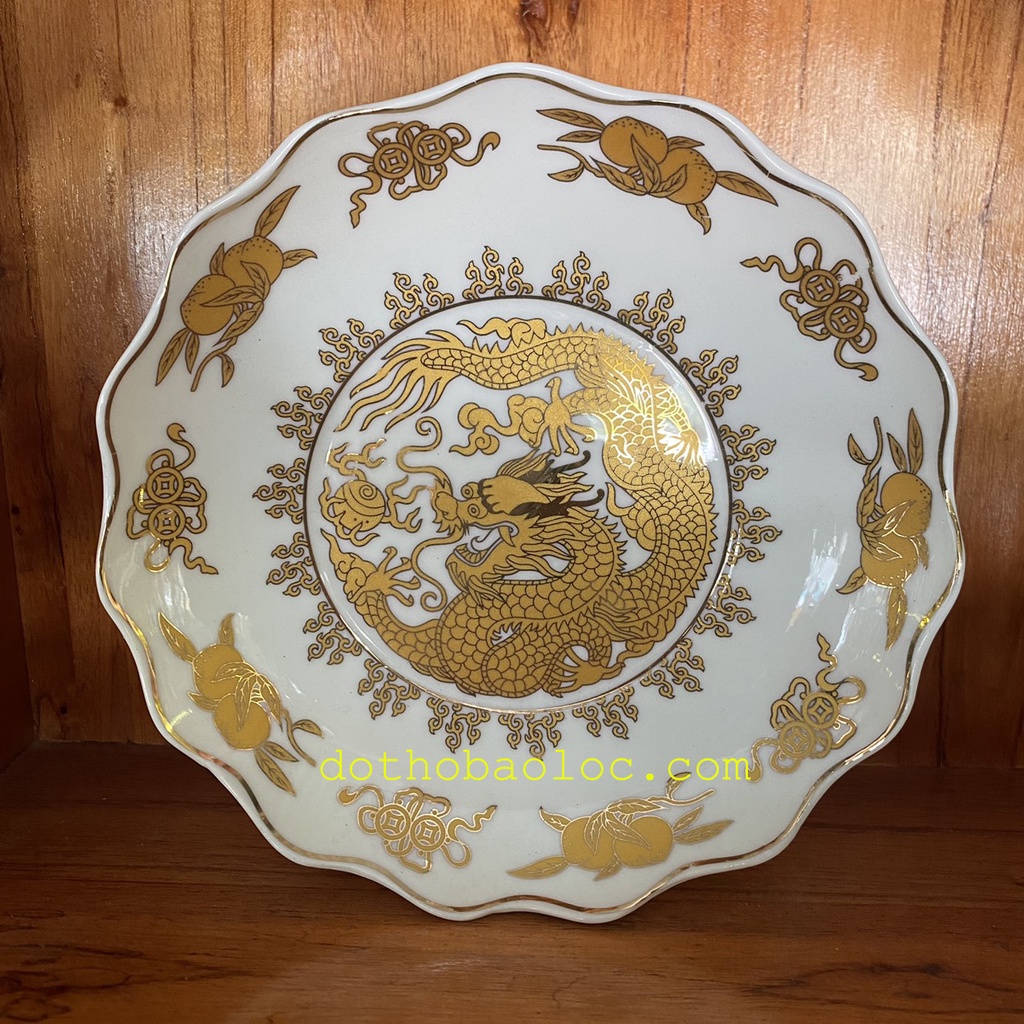 Đĩa sứ họa tiết trắng rồng vàng 4 cỡ ĐK: 15cm, 17cm, 19cm, 22cm