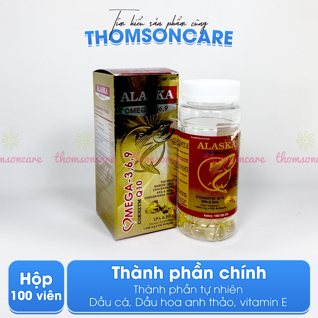 Dầu cá Alaska Hộp 100 viên bổ sung Omega 3 6 9, DHA EPA, có thêm dầu hoa anh thảo và coenzym q10, bổ mắt và tim mạch