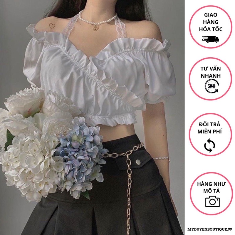 Áo Bẹt Vai Đắp Chéo Phối Ren Dễ Thương
