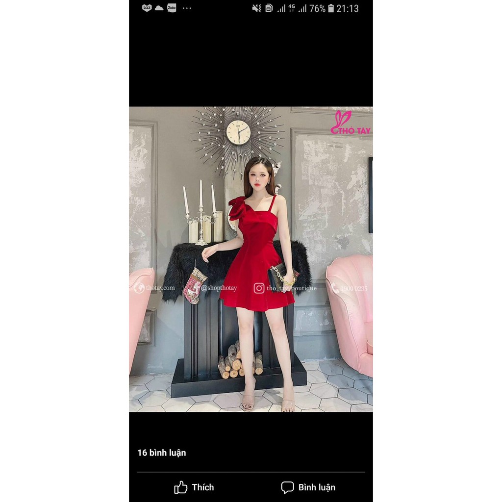 Đầm xòe hai dây kết nơ vai phong cách nữ tính