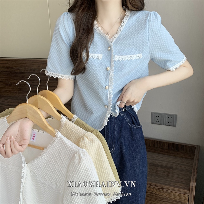 Áo kiểu Xiaozhainv tay ngắn cổ chữ v dáng rộng phối ren phong cách Pháp xinh xắn cho nữ