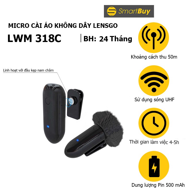 Micro cài áo không dây Lensgo LWM-318C sạc Pin với khoảng cách thu tới 50m - Hàng chính hãng