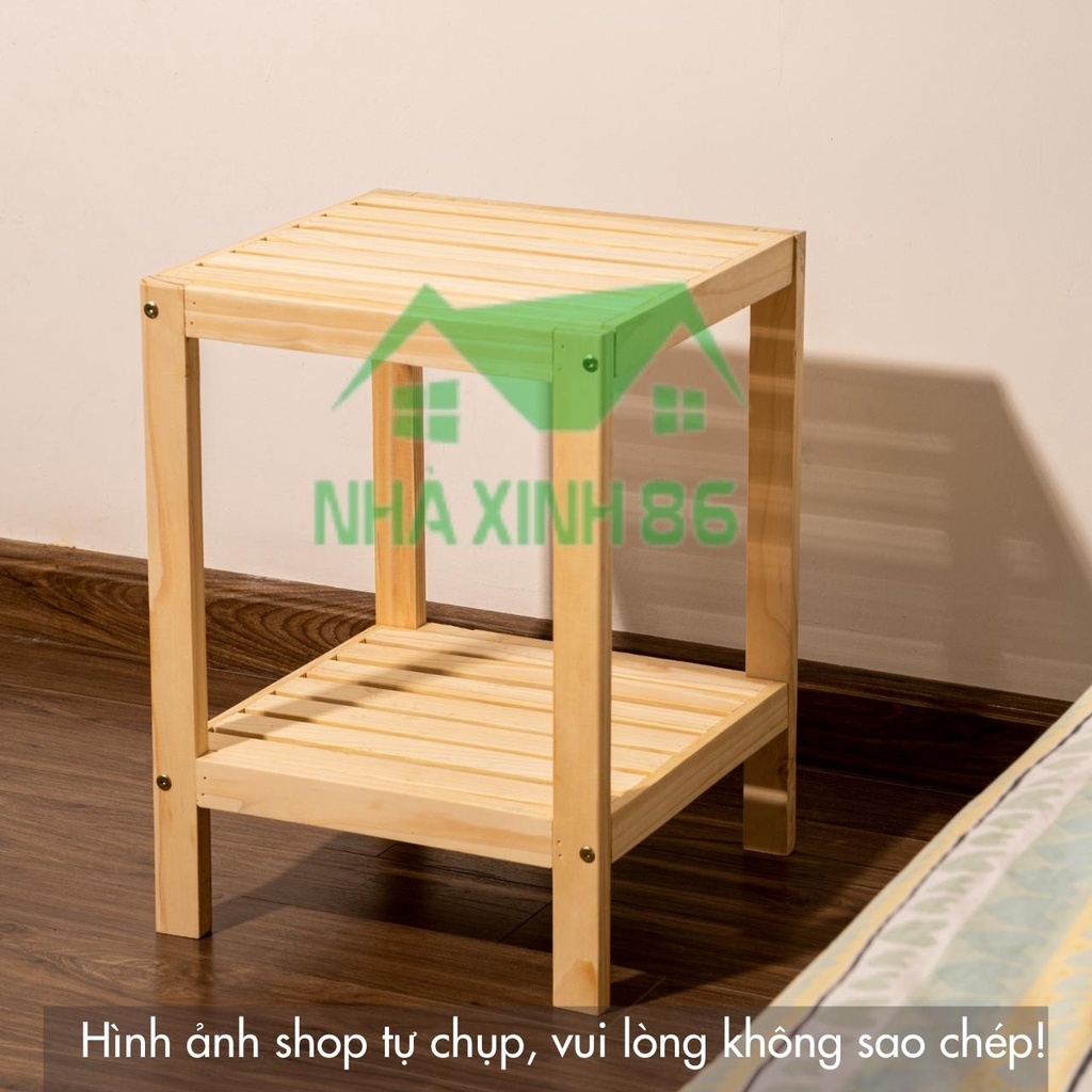 Kệ gỗ tab đầu giường 2 tầng gỗ thông tự nhiên, đã qua xử lý, không mối mọt l Kệ đầu giường bằng gỗ decor phòng ngủ