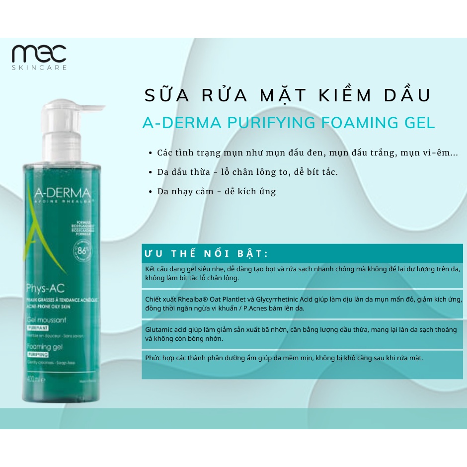 Sữa Rửa Mặt ADerma Purifying Foaming Gel 200ml/400ml Cho da dầu  Giảm mụn, Se Khít Lỗ Chân Lông - Mecskincare