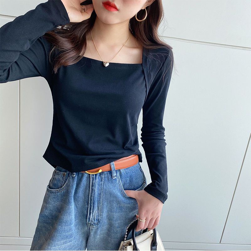 Áo thun BH cotton tay dài cổ vuông dáng ôm thời trang thu đông 2022 cho nữ