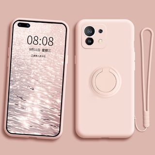 Ốp lưng Xiaomi Mi 11 Lite 5g Pro Ultra Ốp lưng silicon lỏng Bao đựng nhẫn có dây đeo cùng màu Nam châm trên xe Trực tiếp trở thành giá đỡ điện thoại Silicone lỏng Chống va chạm và chống rơi Ốp lưng Mi 11 Pro