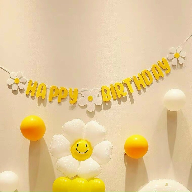 Dây chữ Happy Birthday hoa cúc vải nỉ trắng xanh Hồng vàng