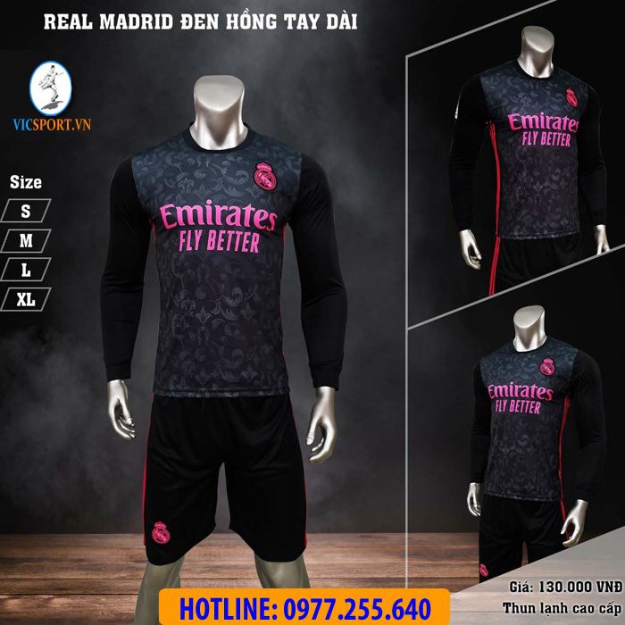 ÁO REAL MADRID 2020-2021 ĐEN HỒNG TAY DÀI