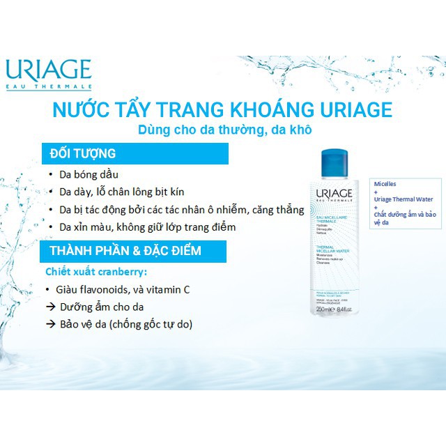 URIAGE Nước Tẩy Trang Dành Cho Da Thường, Da Khô EAU MICELLAIRE THERMALE PNS 100ml