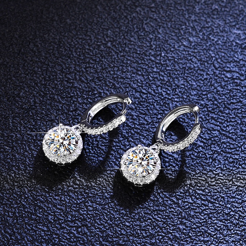 Kim Cương Nhân Tạo Moissanite  Bông tai S925 bạc sang trọng túi tròn Mosan khoan D màu 1 carat có thể kiểm tra bút khoan với hộp đóng gói với giấy chứng nhận giám định