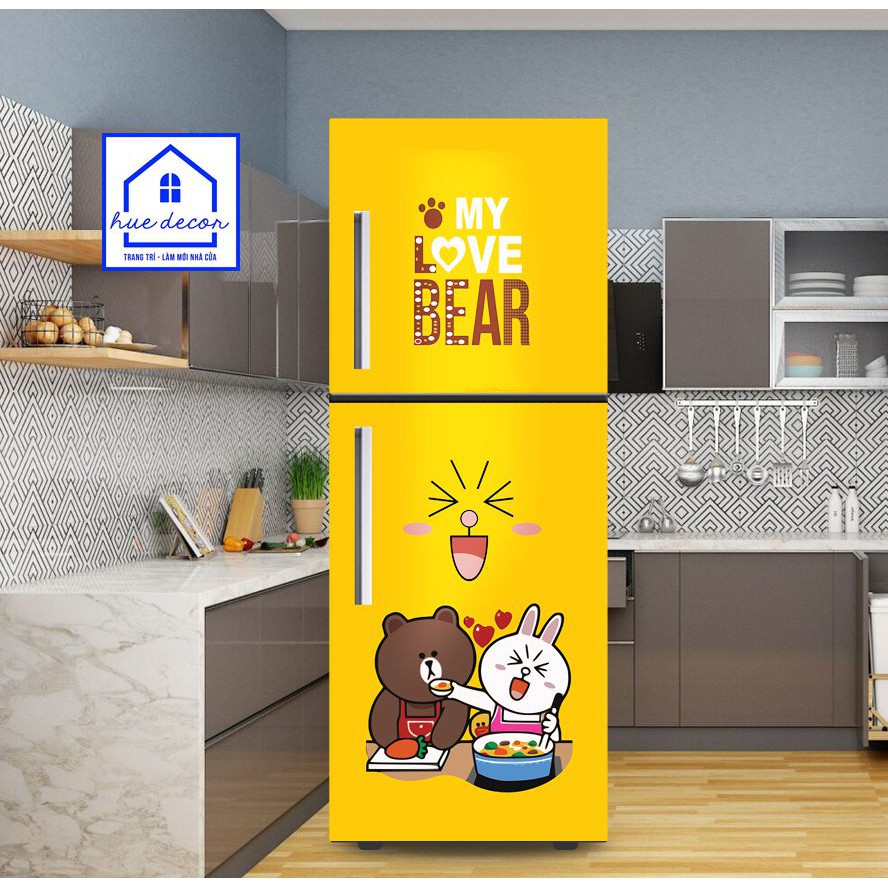 Tranh  dán tủ lạnh-máy lạnh - máy giặt Gấu brown siêu cute HUE DECOR chống nước, màu sắc trẻ trung, làm mới không gian
