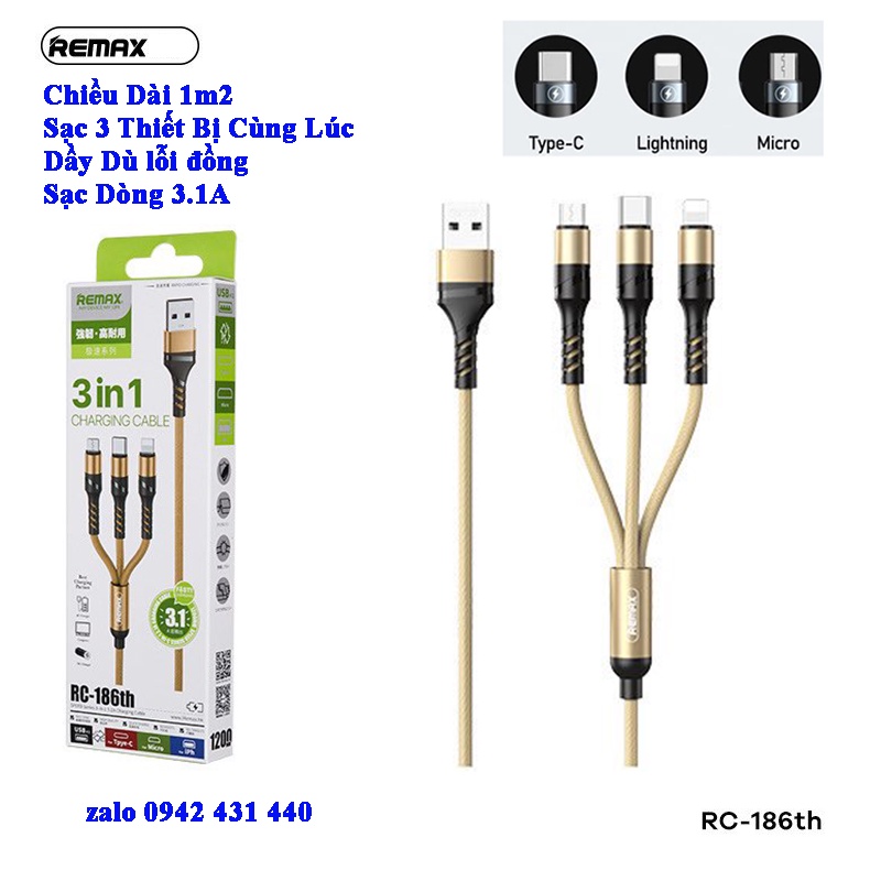 Dây Sạc Đa Năng 💎FREESHIP💎Cáp Sạc Đa Năng 3 Đầu Remax RC-186TH BH Chính Hãng 12 Tháng
