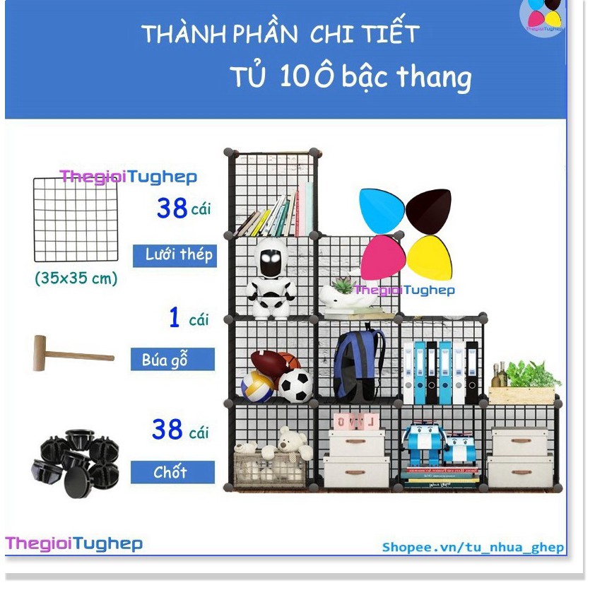 Halinhco- Tủ lưới sắt lắp ghép đa năng hiện đại để sách, đồ dùng trang trí phòng làm việc 10 ô hình bậc thang (38 sắt đe