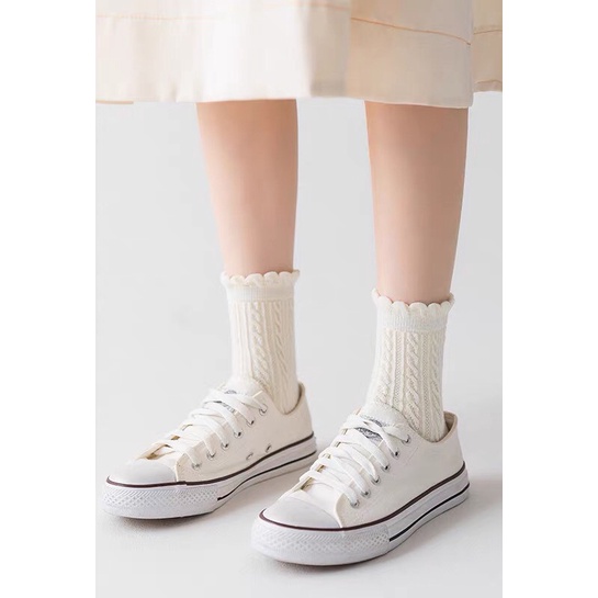 Tất bèo ren lolita cao cổ nhún tiểu thư Hàn Quốc chất len đẹp trắng đen nâu nữ nhiều màu