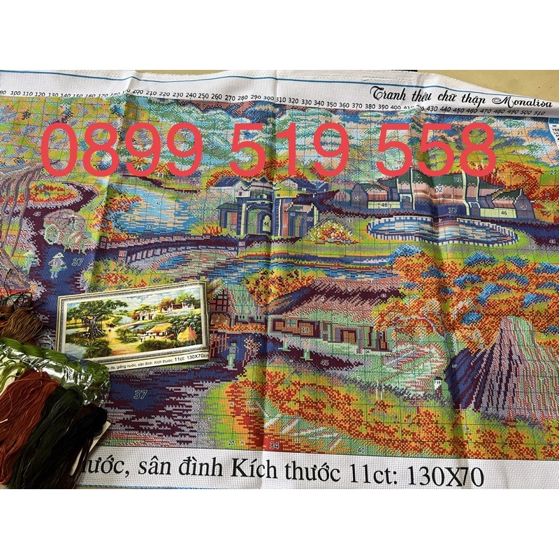 Tranh thêu chữ thập  phong cảnh làng quê THÊU KÍN