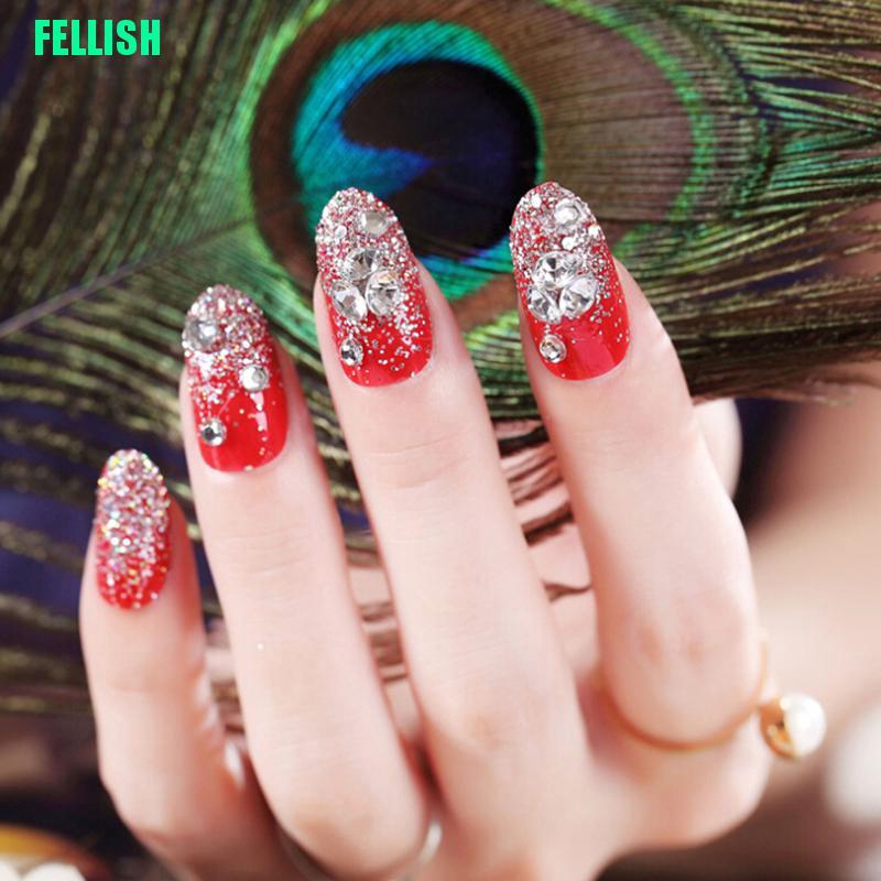 [Hàng mới về] 24 Móng giả kèm phụ kiện màu đỏ đính đá ánh kim