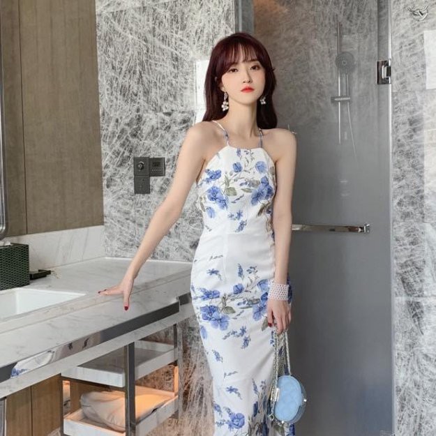 VÁY YẾM LỤA HOA XANH THẺ TRUNG (V1014)