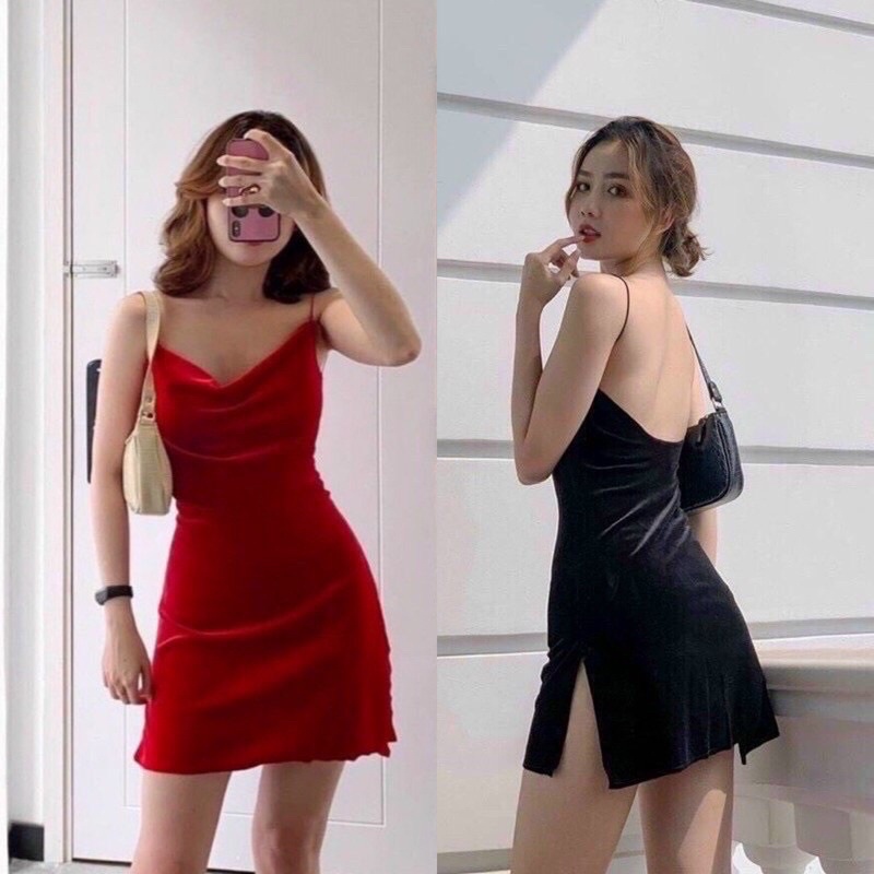 Đầm nhung 2 dây cổ đổ thun bún DAM38