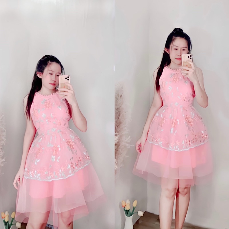 Váy xoè công chúa cổ yếm viền ren màu hồng ba lớp V111 form chuẩn AĐ BOUTIQUE