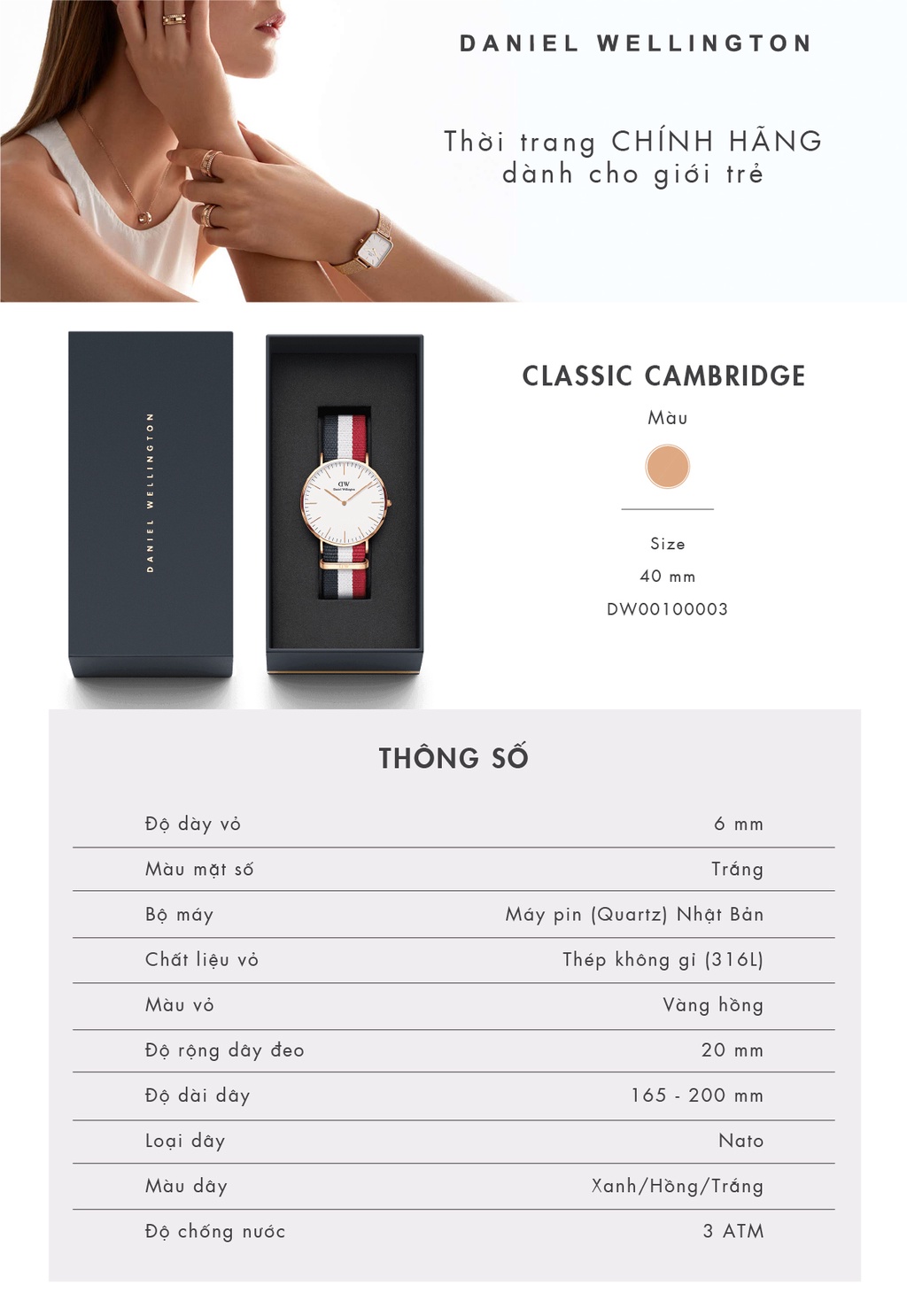 Đồng hồ Nam Daniel Wellington dây Vải nato - Classic Cambridge 40mm DW00100003