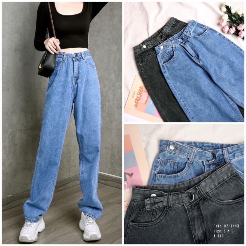 Quần jeans suông cạp cao đai cài dây khuy