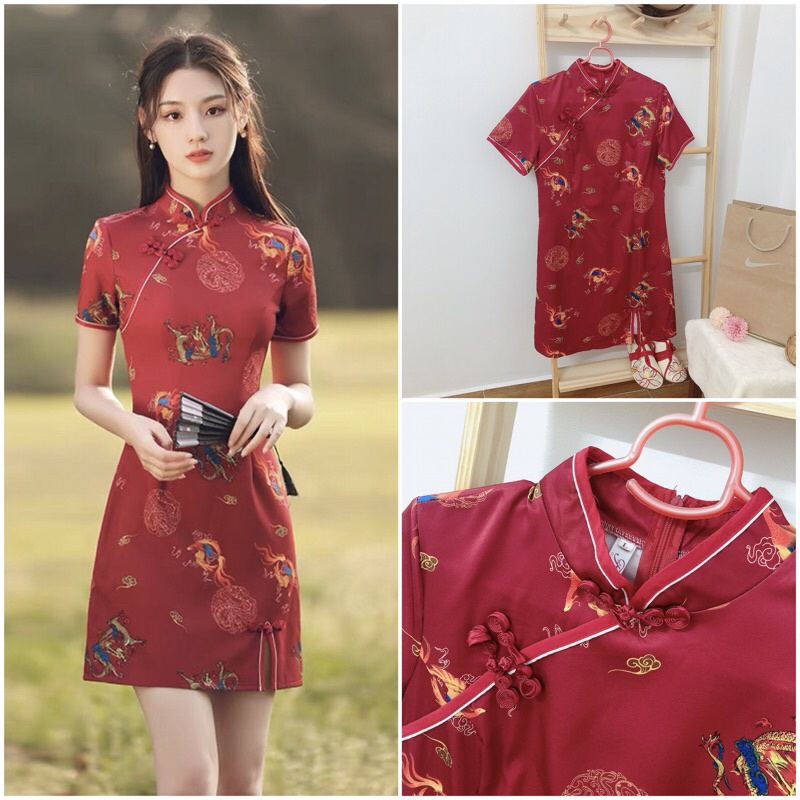 Sườn xám caro đầm hoa lá xinh