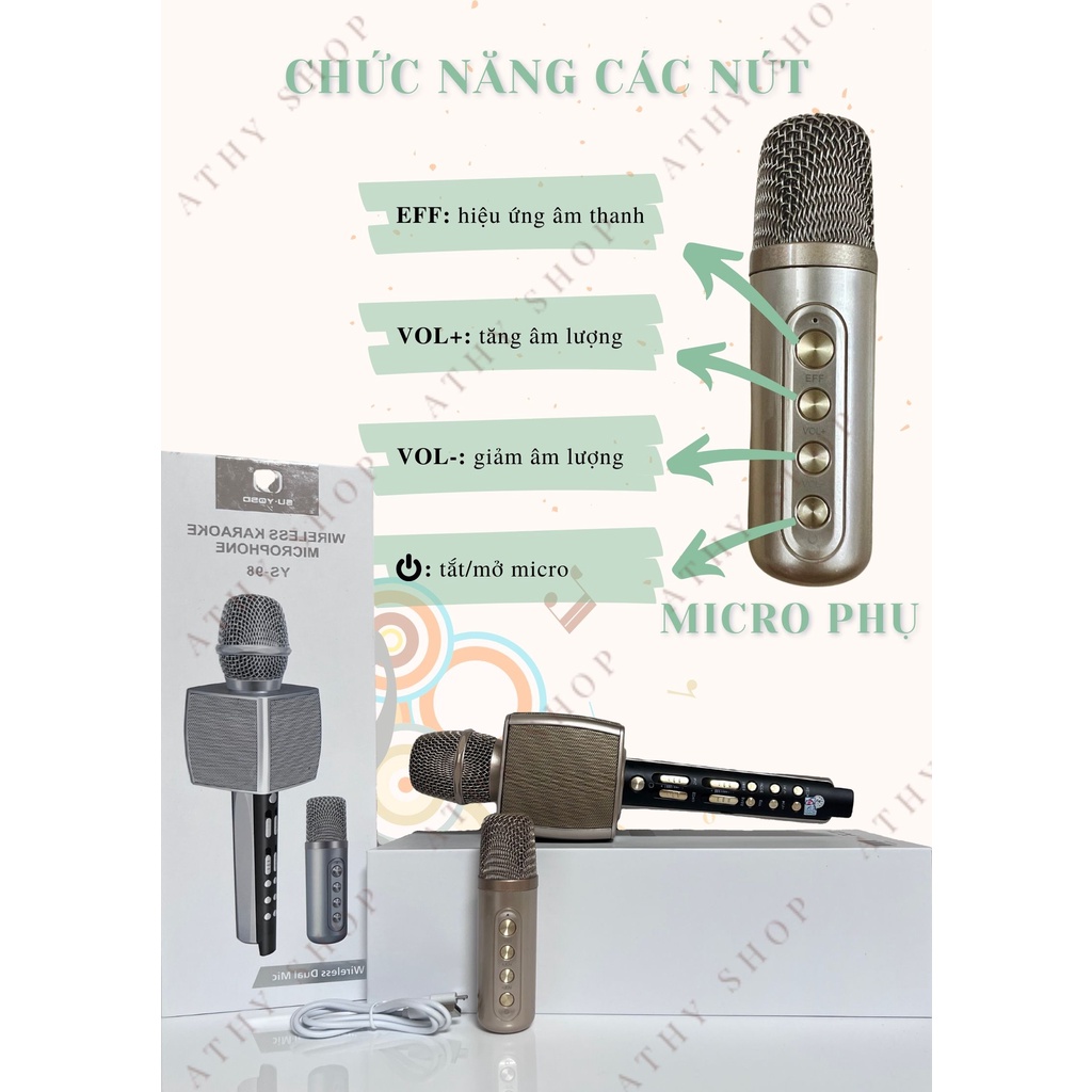 MIC KARAOKE BLUETOOTH YS-98 CÓ MIC PHỤ SONG CA KHÔNG DÂY TIỆN LỢI, mic chống hú không rè volume lớn nhạc to rõ sống động