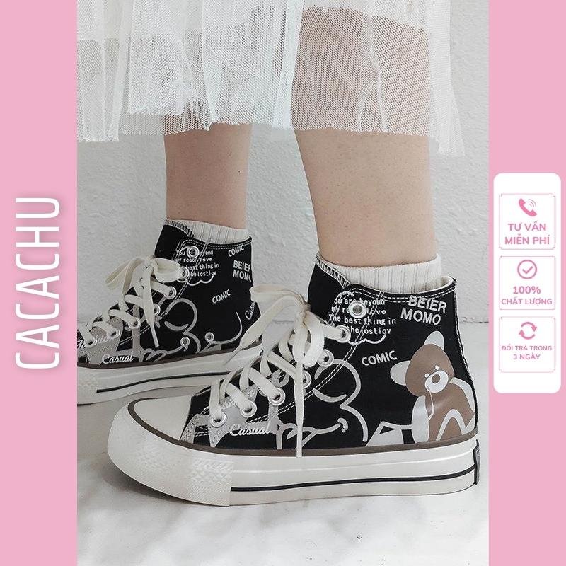 Giày nữ thể thao sneaker cao cổ đẹp màu đen hình Gấu Comic đi chơi đi học phong cách Hàn quốc Ulzzang CACACHU G043