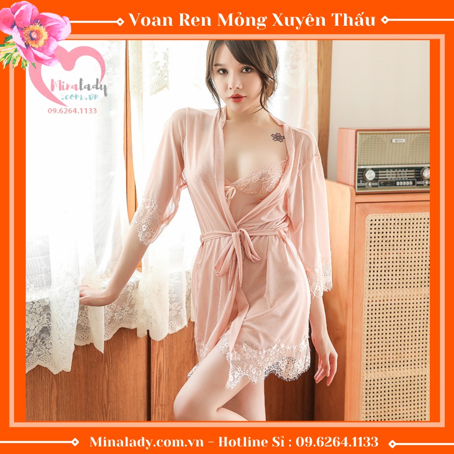 Đầm Ngủ Sexy Nữ 2 Dây Kèm Áo Choàng Ngủ Gợi Cảm Xuyên Thấu Và Quần Lót Lọt Khe Nữ Gợi Cảm Chất Voan Lụa Ren Mềm ChoangT