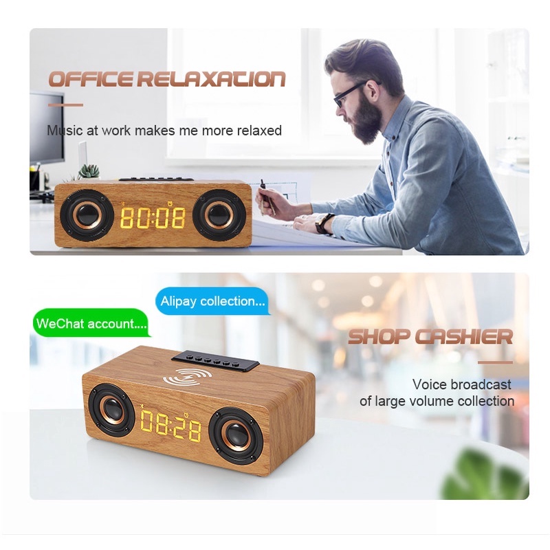 Loa Sạc Không Dây Bluetooth 5.0 Loa Siêu Trầm Di Động Bằng Gỗ HiFi，Hỗ Trợ Đồng Hồ Báo Thức + Đĩa U + Chức Năng Thẻ TF