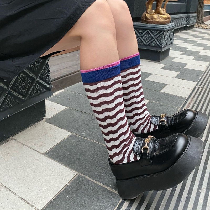 Youyo Vớ Cao Đến Đầu Gối Harajuku Nhiều Màu Sắc Họa Tiết Hình Học Kẻ Sọc Trừu Tượng Phong Cách Pháp Cổ Điển Cho Nữ