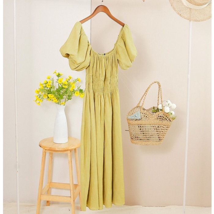 Váy có tay maxi nhún eo MOMOCO chất vải chiffon nhăn thiết kế điệu đà, sang chảnh M3002
