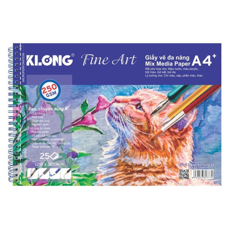 SỔ VẼ LÒ XO ĐA NĂNG KLONG FINE ART A5 - 250 GSM - 30 TỜ; MS: 775 / A4 - 250 GSM - 25 TỜ; MS: 777