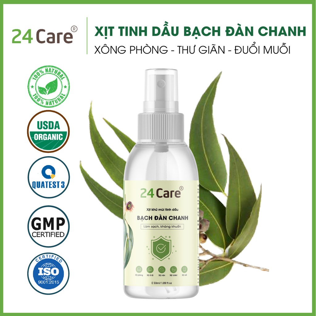 Xịt khử mùi thơm phòng Bạch Đàn Chanh 24Care 50ml - kháng khuẩn, khử mùi hôi, đuổi muỗi, côn trùng