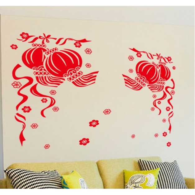 Decal trang trí tết - Lồng đèn đôi xinh đỏ chào xuân lớn