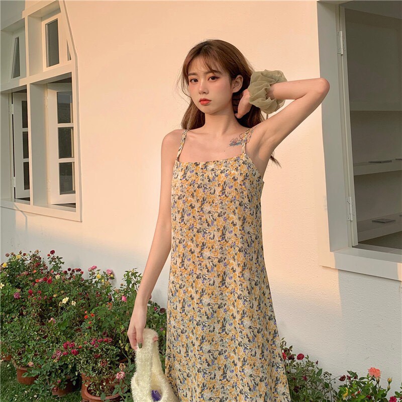 (hàng QC) SET VÁY YẾM 2 DÂY HOA NHÍ TÍM VÀNG HỒNG VINTAGE MIX ÁO THUN HOT