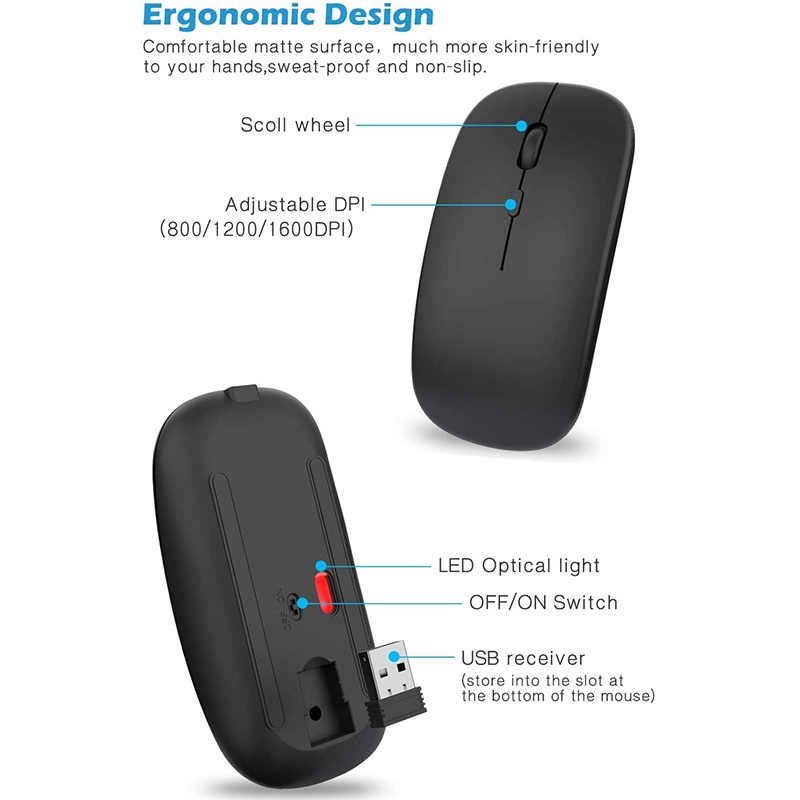 Chuột ko dây với đầu nhận USB và đầu nhận Type-C thích hợp cho laptop/Macbook