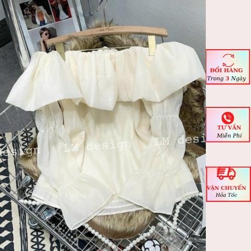 Áo trễ vai nữ voan tơ tay bồng tiểu thư bánh bèo màu trắng be 2 lớp ulzzang Hàn Quốc