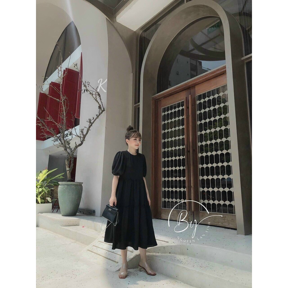 Váy babydoll tiểu thư dáng xòe, đầm trơn màu cổ tròn tay búp dáng dài nàng bầu mặc được đi chơi dạo phố xinh xắn