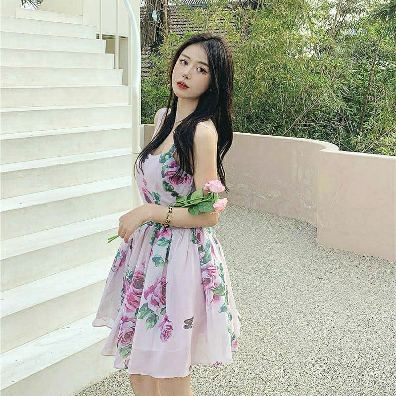 Váy 2 dây mùa hè hoa tím mộng mơ phong cách retro mới