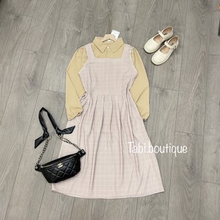 Set yếm kẻ mix áo sơ mi freesize