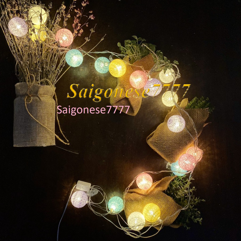 Cắm Điện/Xài Pin/USB - 20 Bóng Đèn Cầu Mây Đèn Led Bóng Tròn Cotton Ball Trang Trí Tiệc Cắm Trại Decor Phòng Ngủ