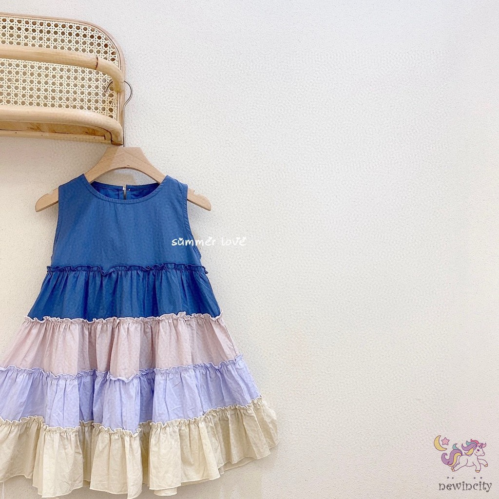 Đầm sát nách xếp nếp màu chuyển cầu vồng Hàn Quốc cho bé gái